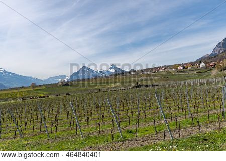 Maienfeld, Grison, Switzerland, April 11, 2022 Stunning Alpine Scenery And View Over The Rhine Valle