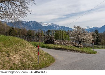 Maienfeld, Grison, Switzerland, April 11, 2022 Stunning Alpine Scenery And View Over The Rhine Valle