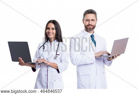 Happy Doctor And Nurse Online Isolated On White. Emedicine With Doctor With Nurse Online