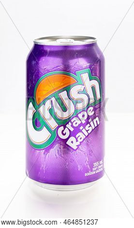 Calgary, Alberta, Canada Nov 1, 2022. A Crush Grape 355 Ml Can Fruity Flavour On A White Background.