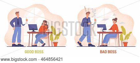 Bad And Good Boss. Comparison Of Two Management Methods, Opposition. Support Or Criticism. Set Of Po