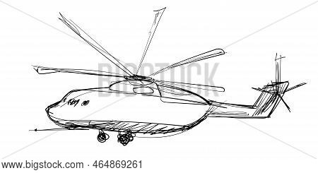 Doodle Helicopter On A White Background. Combat Aviation Stock Illustration In Line Style.