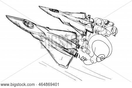 Two Fighter Planes In Sketch Style On A White Background. Flying Warplanes In Doodle Style. Stock Il