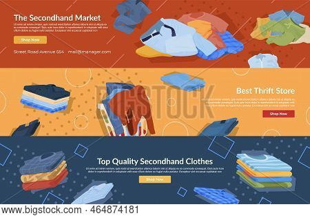 Quality Secondhand Clothes Internet Store Landing Page Set Isometric Vector Illustration
