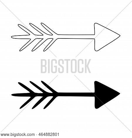 Two Arrows With Quil In All Black And Line Variant. Hand Drawn Illustration, Design Element For Scho