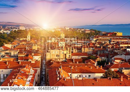 Top View Of The Zadar Old Town And Sea. Zadar, Croatia. Travel Destinations Vacational Background. V