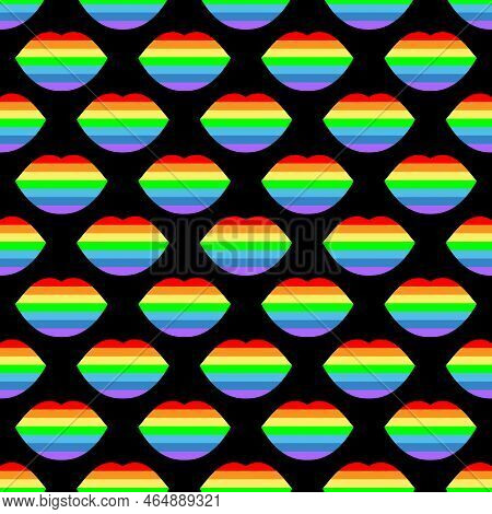 Lips. Seamless Bright Vector Pattern With Rainbow Lips On A Black Background. Fashion Pop Art Backgr