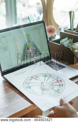 Tver, Russia-august 7, 2022. A Woman With A Laptop Is Studying Human Design. The Concept Of Studying
