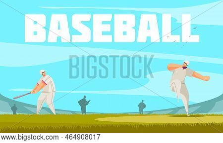 Summer Sport Baseball Composition With Outdoor Stadium Background And Doodle Characters Of Ballplaye