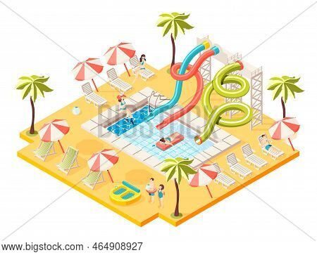 Aquapark Isometric Concept With Entertainment Sunbathing And Swimming Symbols Vector Illustration