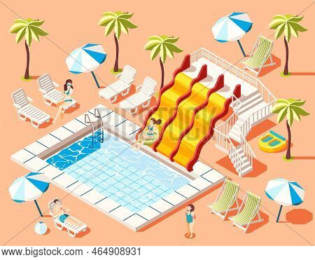 Aquapark Isometric Background With Sunbathing And Fun Rides Symbols  Vector Illustration