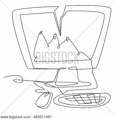 Cracked Monitor With One Line Graph Falling Down On A White Background. Illustration Of Crisis, Pove