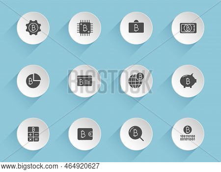 Bitcoin Vector Icons On Round Puffy Paper Circles With Transparent Shadows On Blue Background. Crypt