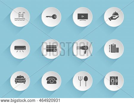 Hotel Vector Icons On Round Puffy Paper Circles With Transparent Shadows On Blue Background. Hotel S