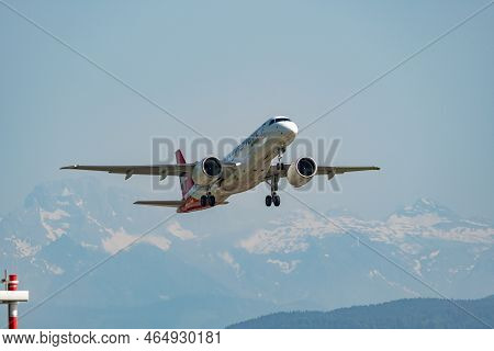 Zurich, Switzerland, May 20, 2022 Helvetic Airways Embraer E-190-e2 Aircraft Is Departing From Runwa