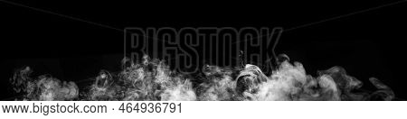 Panorama Of Steam, Smoke, Gas Isolated On A Black Background. Swirling, Writhing Smoke To Overlay On