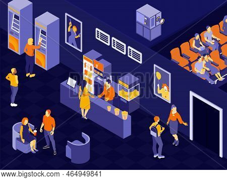 People In Cinema Hall And Near Concession Stand Waiting For Movie Time 3d Horizontal Isometric Vecto