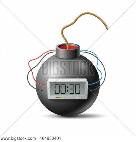 Realistic Bomb Clock. Classic Explosive Type With Fuse And Clockwork, Mass Destruction Weapon, Retro
