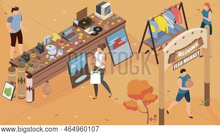 Flea Market Garage Isometric Composition With Human Characters Shopping Rare Items At Outdoor Exposi