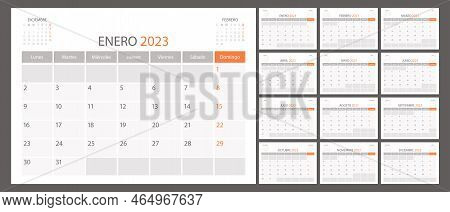 Spanish Calendar Planner 2023 Vector, Schedule Month Calender, Organizer Template. Week Starts On Mo