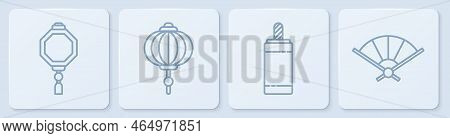 Set Line Chinese Paper Lantern, Firework, Chinese Paper Lantern And Paper Chinese Folding Fan. White
