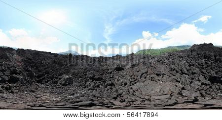 Spherical, 360 degrees panorama (equirectangular projection) of rocky terrain of Batur volcano, Bali, Indonesia