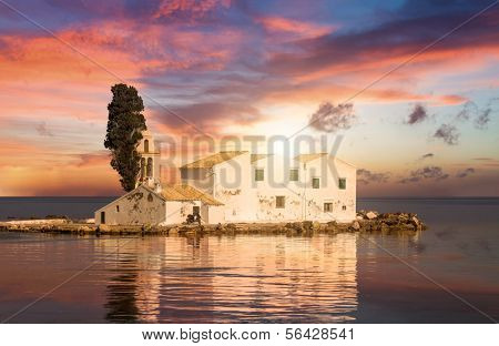 Sunset scene of Vlacherna monastery, Kanoni, Corfu, Greece