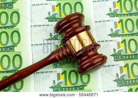 judge gavel and euro banknotes. symbol photo for r costs in court of law and auctions