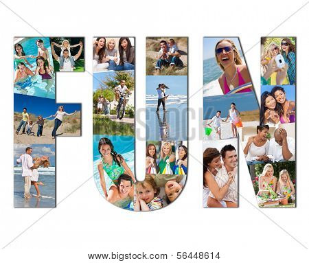 Active people men, women children and couples playing laughing and having fun in summer. Swimming, cycling, jumping, playing games, shopping and being active, the montage spells the word FUN