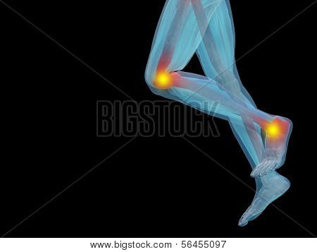 Conceptual 3D human man anatomy or health design, joint or articular pain, ache or injury isolated on black background