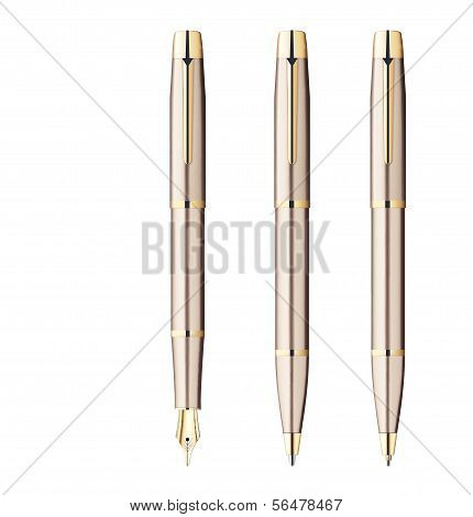 Fountain Pen, Ball Pen, Pencil Isolated On White. Vector Illustration