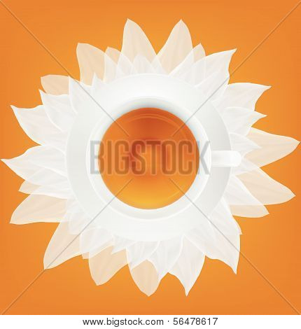 Cup of tea and saucer on a white petals. Vector illustration.