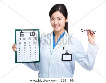 Female doctor hold with eye chart and glasses