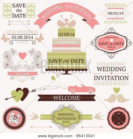 Vector collection of decorative wedding elements.