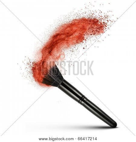 makeup brush with red powder isolated on white
