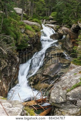 Long Exposure Photo Of A Fast Mountain Stream, , Oil Paint Stylization
