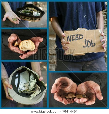 Poverty concept. Homeless men ask for help collage