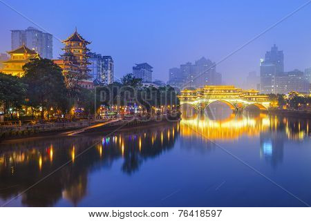 Chengdu, Sichuan, China cityscape over the Jin River.