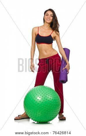 Woman exercising with ball isolated on white