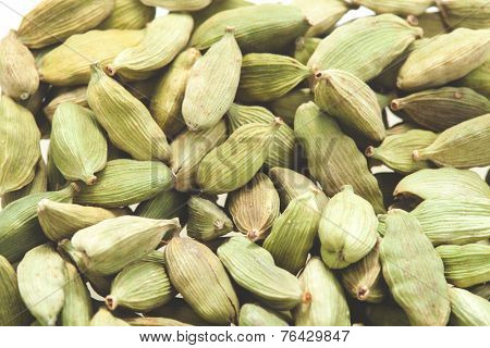 Green cardamom pods close-up. Macro photo