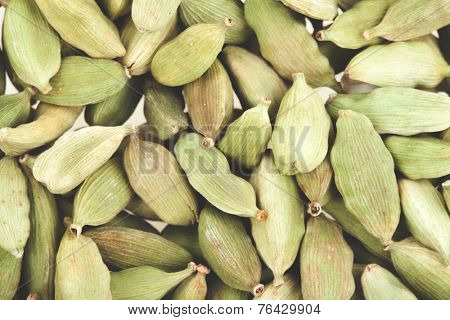 Green cardamom pods close-up. Macro photo