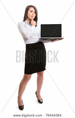 Attractive woman holding notebook with blank screen