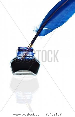 a blue feather pen with an ink bottle on white background
