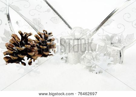Silver Christmas Baubles,gifts,snowflake With Silver Ribbon On S