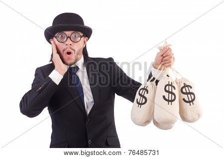 Man with sacks of money isolated on white