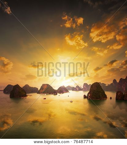 Sunset over the islands of Halong Bay in northern Vietnam. Amazing landscape background