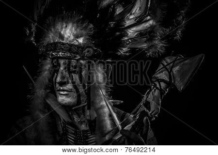 tribal Native, American Indian chief with big feather headdress