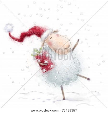 Christmas sheep.Cute sheep with the gift in Santa hat on snow background.Christmas greeting card.