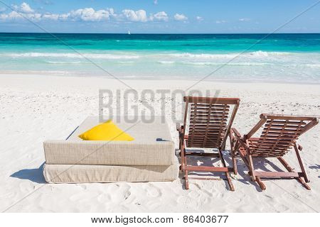 Chairs At Caribbean Seascape, Tulum, Mexico.