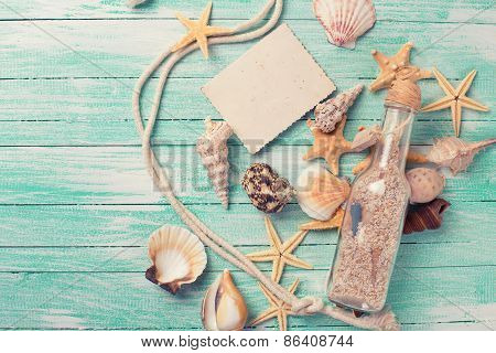 Marine Items On Wooden Background.